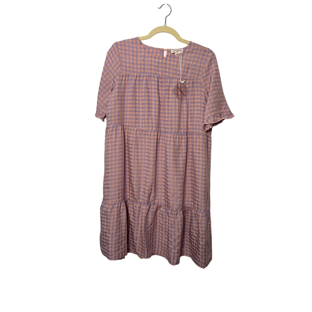 Urban Threads Women Dress 10‎ Purple Peach Gingham Tiered Smock Tall Cottagecore